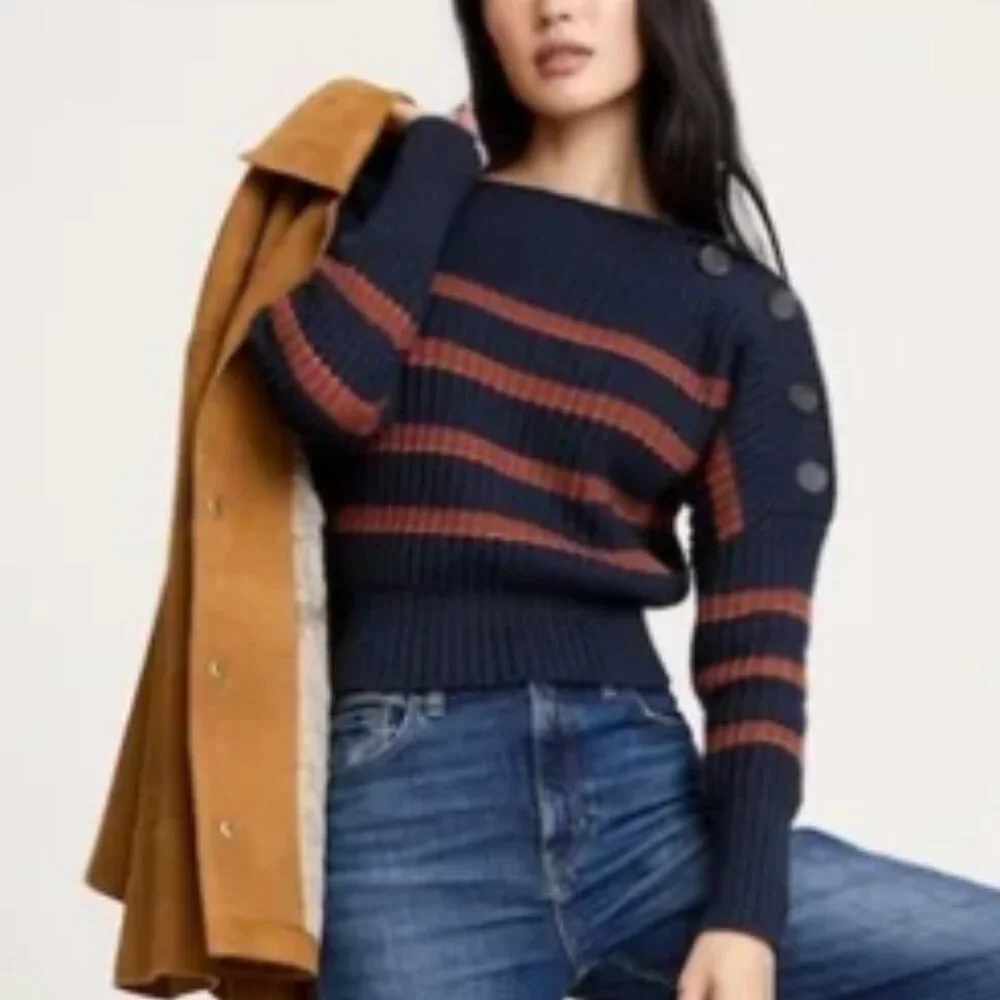 Banana Republic Boatneck Button Shoulder Striped Sweater Navy & Brown Sz Med - Picture 3 of 11